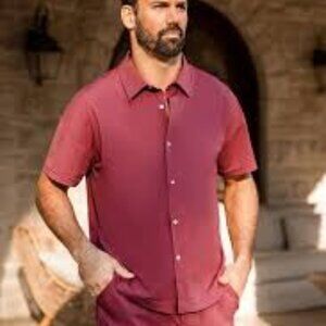 Cupshe x JJD Mulberry Harvest Mauve Men's Button Up Short Sleeve Shirt Large NWT